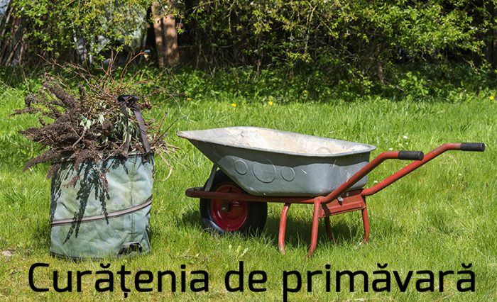 seasonal cleaning in the garden, wheelbarrow and compost sack on the lawn